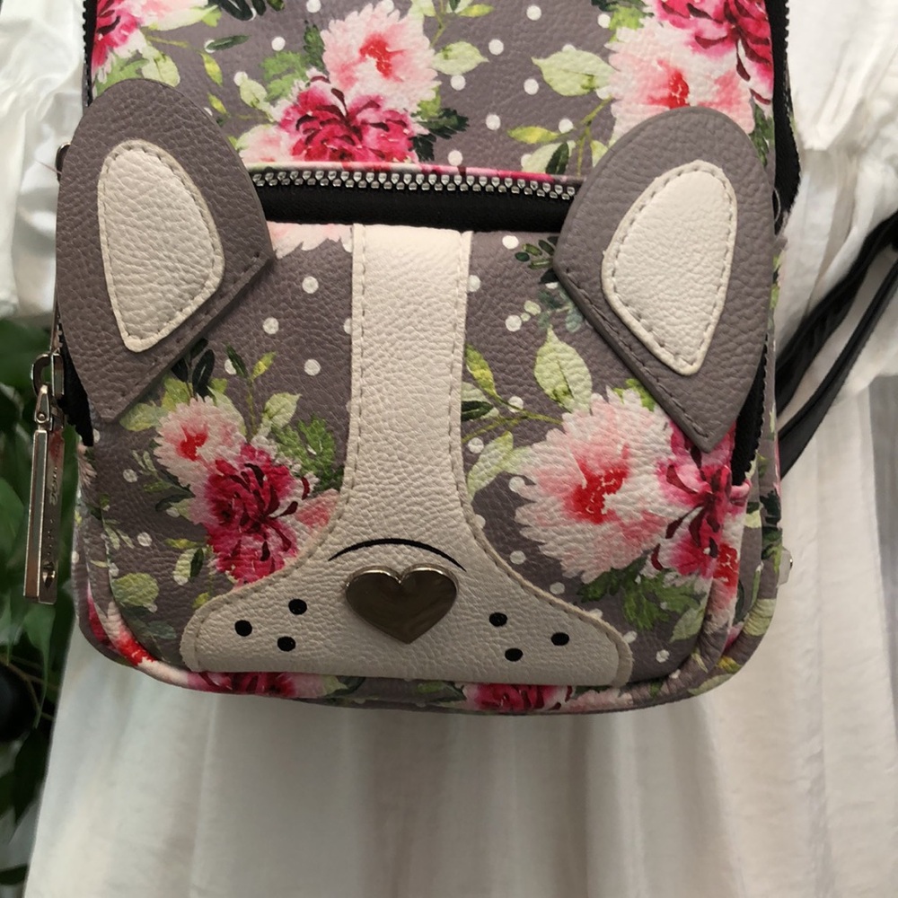 BETSEY JOHNSON  French Bull dog roses pattern mini backpack w/shoulder straps - Picture 2 of 15